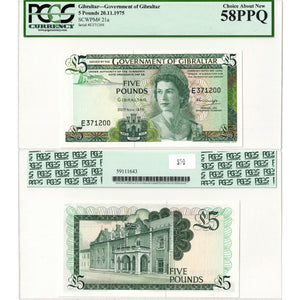 SOLD Gibraltar 1975 5 Five Pounds Note P #21a - PCGS AU-58 PPQ