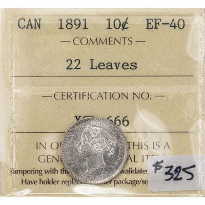 SOLD Canada 1891 22 Leaves 10 Cents Dime Silver Coin - ICCS EF-40