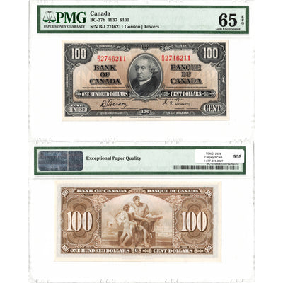 $100 1937 Bank of Canada Note Gordon-Towers B/J Prefix BC-27b - PMG Gem UNC-65 EPQ