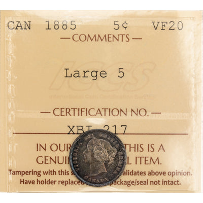 Canada 1885 Large 5 5 Cents Silver Coin - ICCS VF-20