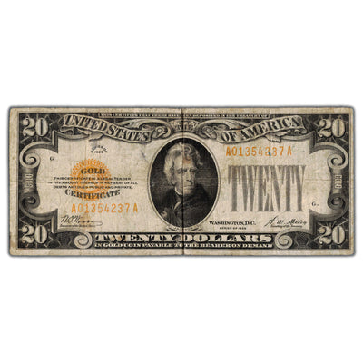 SOLD United States 1928 $20 Gold Certificate Note - Circulated (two stamps on back)