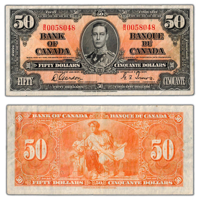 SOLD $50 1937 Bank of Canada Note Gordon-Towers B/H Prefix BC-26b - VF