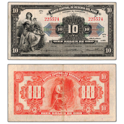 Peru 1933 10 Soles de Oro Note P #67a - VF