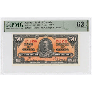 SOLD $50 1937 Bank of Canada Note Coyne-Towers B/H Prefix BC-26c - PMG UNC-63 EPQ