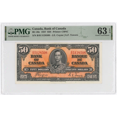 SOLD $50 1937 Bank of Canada Note Coyne-Towers B/H Prefix BC-26c - PMG UNC-63 EPQ