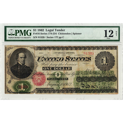 United States 1862 $1 Legal Tender Note Fr. 16 - PMG F-12 Net