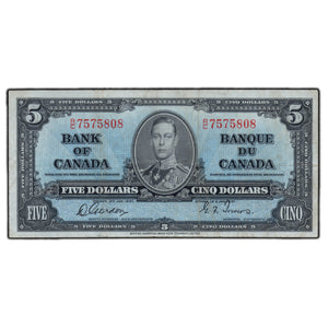 SOLD $5 1937 Bank of Canada Note Gordon-Towers R/C Prefix BC-23b - VF
