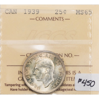 SOLD Canada 1939 25 Cents Quarter Silver Coin - ICCS MS-65
