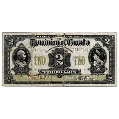 SOLD $2 1914 Dominion of Canada Note Boville Series J DC-22a-i - Fine (many tears)
