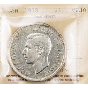 SOLD Canada 1938 $1 Silver Dollar Coin - ICCS VF-30