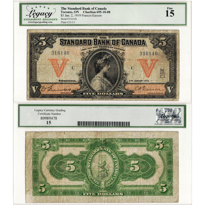 $5 1919 Standard Bank of Canada Chartered Note #695-18-08 - Legacy F-15