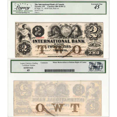 $2 1858 International Bank of Canada Chartered Note #380-10-08-12 - Legacy EF-45