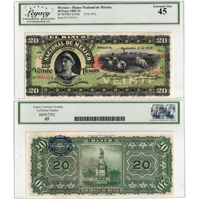 SOLD Mexico Banco Nacional 1913 20 Pesos Note P #S259d - Legacy EF-45