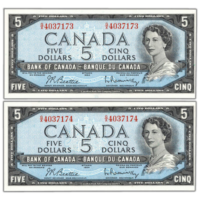 $5 1954 Bank of Canada Notes G/X Prefix BC-39b - 2 Consecutive Uncirculated