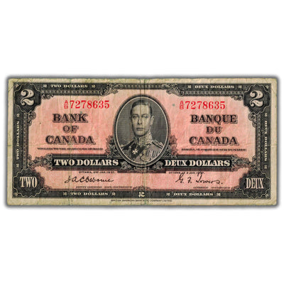 SOLD $2 1937 Bank of Canada Note Osborne Signature A/B Prefix BC-22a - Fine