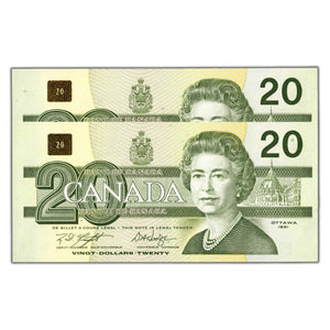 SOLD $20 1991 Bank of Canada Note EYE Prefix BC-58d - 2 Consecutive - Ch UNC