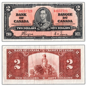 SOLD $2 1937 Bank of Canada Note Coyne-Towers K/R Prefix BC-22c - VF+