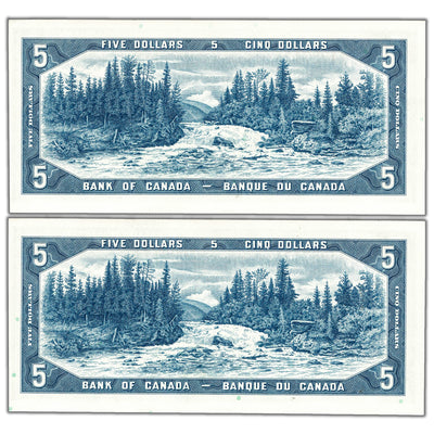 $5 1954 Bank of Canada Notes G/X Prefix BC-39b - 2 Consecutive Uncirculated