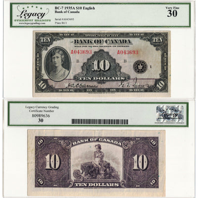 $10 1935 Bank of Canada Note English Text BC-7 - Legacy VF-30