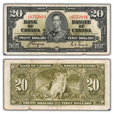 $20 1937 Bank of Canada Note Coyne-Towers L/E Final Prefix BC-25c - Ink