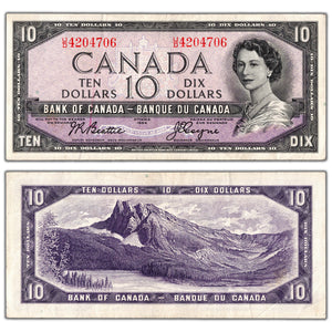 SOLD $10 1954 Bank of Canada Note Beattie-Coyne U/D Prefix BC-40a - VF+
