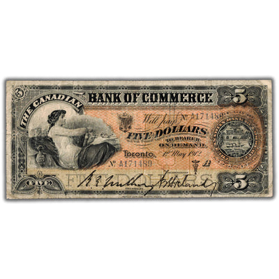 SOLD $5 1912 Canadian Bank of Commerce Canada Chartered Note CH-75-14-14a - About Fine