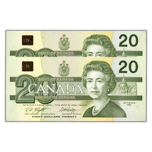 SOLD $20 1991 Bank of Canada Notes EYE Prefix BC-58d - 2 Consecutive - Ch UNC