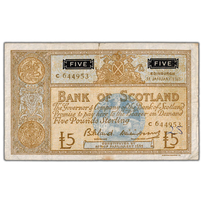 Scotland 1965 5 Five Pounds Note P #106a - Writing