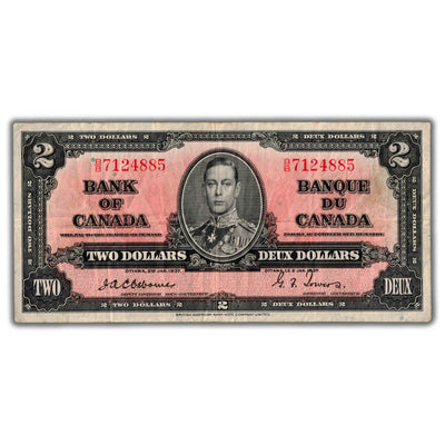 SOLD $2 1937 Bank of Canada Note Osborne Signature B/B Prefix BC-22a - VF
