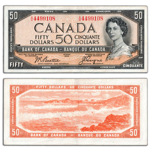 SOLD $50 1954 Bank of Canada Note Beattie-Coyne A/H Prefix BC-42a - Circulated