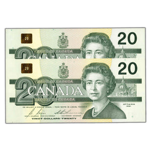 SOLD $20 1991 Bank of Canada Note EVC Prefix w/BPN BC-58d - 2 Consecutive - Ch UNC