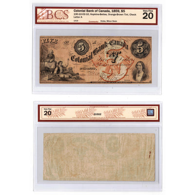 SOLD $5 1859 Colonial Bank of Canada Chartered Note CH #130-10-02-10 - BCS VF-20
