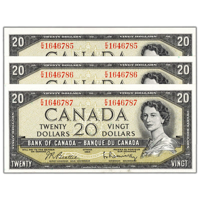SOLD $20 1954 Bank of Canada Notes E/W Prefix BC-41b - 3 Consecutive Ch UNC