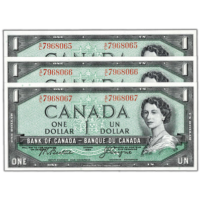 $1 1954 Bank of Canada Notes S/L Prefix BC-37a - 3 Consecutive Choice UNC