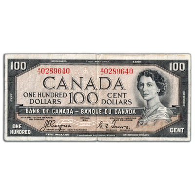 $100 1954 Bank of Canada Note Devil Face Coyne-Towers BC-35a - Circulated