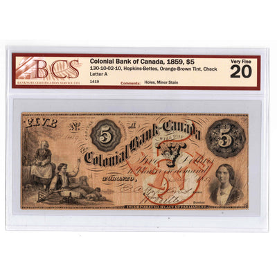 SOLD $5 1859 Colonial Bank of Canada Chartered Note CH #130-10-02-10 - BCS VF-20