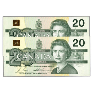 SOLD $20 1991 Bank of Canada Note EVC Prefix W/ BPN BC-58d - 2 Consecutive - Ch UNC