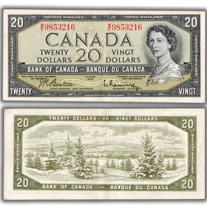 SOLD $20 1954 Bank of Canada Note Beattie-Rasminsky M/E Changeover Prefix BC-41b - VF/EF