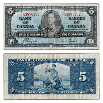 $5 1937 Bank of Canada Note Coyne-Towers C/S Prefix BC-23c - Fine (tear)