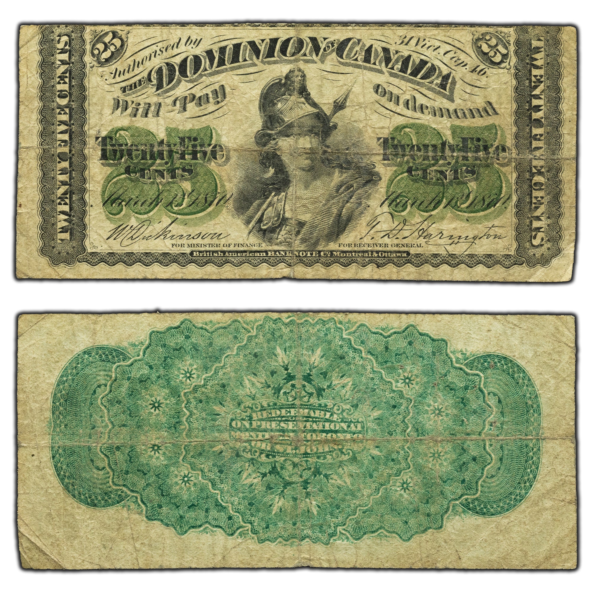 SOLD 25 Cents 1870 Dominion of Canada Shinplaster Note DC-1c - VG (pin ...