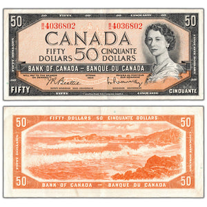SOLD $50 1954 Bank of Canada Note Beattie-Rasminsky B/H Prefix BC-42b - About EF