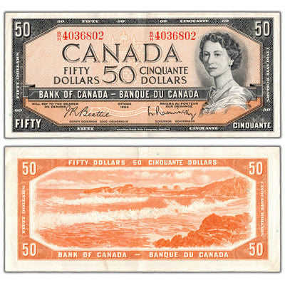 SOLD $50 1954 Bank of Canada Note Beattie-Rasminsky B/H Prefix BC-42b - About EF