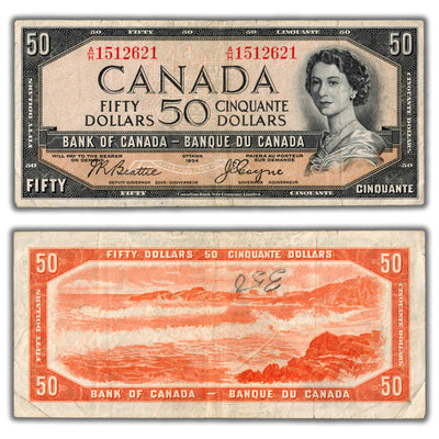SOLD $50 1954 Bank of Canada Note Devil Face Beattie-Coyne BC-34b - Writing on Back