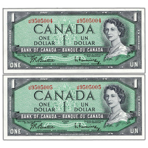 SOLD $1 1954 Bank of Canada Notes J/M Prefix BC-37b-i - 2 Consecutive AU