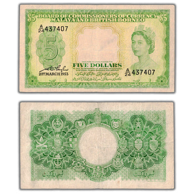 SOLD Malaya and British Borneo 1953 $5 Five Dollars Note P #2a