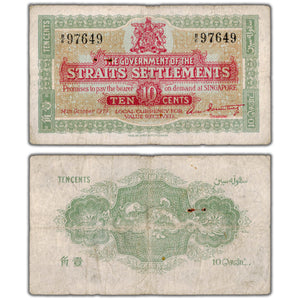 SOLD Straits Settlements 1919 10 Ten Cents Note P #8b - Fine (pinholes)