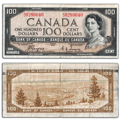 $100 1954 Bank of Canada Note Devil Face Coyne-Towers BC-35a - Circulated