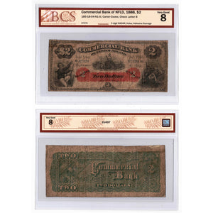 SOLD $2 1888 Commercial Bank of Newfoundland Note CH-185-18-04 - BCS VG-8 RADAR
