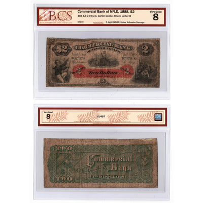 SOLD $2 1888 Commercial Bank of Newfoundland Note CH-185-18-04 - BCS VG-8 RADAR