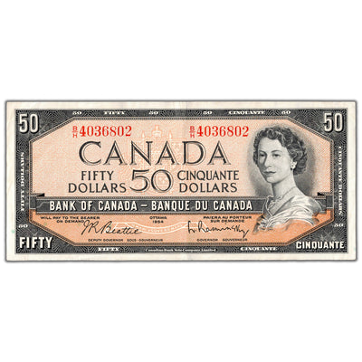 SOLD $50 1954 Bank of Canada Note Beattie-Rasminsky B/H Prefix BC-42b - About EF